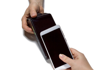 Woman paying contactless with NFC or wireless smartphone on pos payment terminal. Closeup, isolated, mockup.