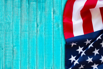 Flag of the United States of America on wooden background. Veterans USA Holiday, Memorial, Independence. - Image