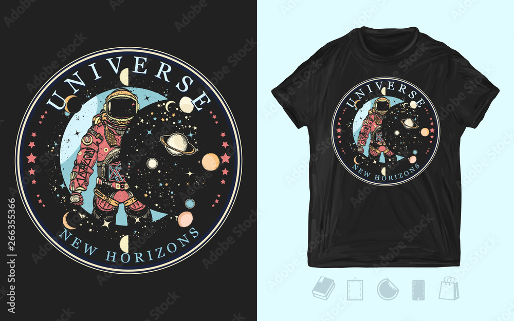 Wall mural astronaut. universe, new horizons slogan. print for t-shirts and another, trendy apparel design. cos