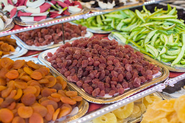 Counter with dried fruit. Sweet dried snacks. Healthy Food for Vegatarians