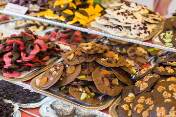 Marсipan store in Budapest. A counter with delicious sweets. Multi-colored marzipans