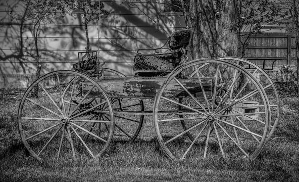 Western buckboard in a yard in Montana