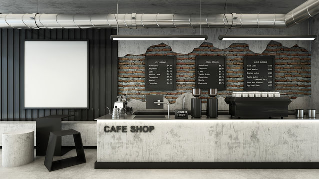 Cafe shop  Restaurant design Minimalist   Loft,Counter wood slat,Top counter metal,Mock up on wall black metal,Menu board on wall back counter brick,concrete floors -3D render