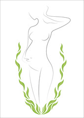 Silhouette of a beautiful lady. The girl is slim and elegant. Near it there are green leaves and a green background. Suitable for cosmetics advertising. Vector illustration