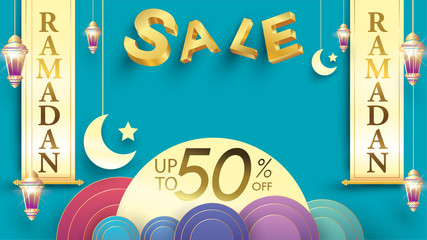 Eid Mubarak or ramadan kareem banner sale background and template. Copy space for discount tag or content promo product - Vector