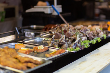 Fast Food Counter. Meat appetizers. Catering at festivals, concerts and celebrations