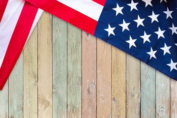 Fototapeta na wymiar Flag of the United States of America on wooden background. Veterans USA Holiday, Memorial, Independence. - Image