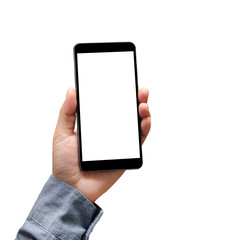 Business hand holding the black smartphone isolated on white