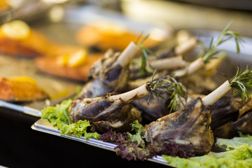 Assortment of traditional Hungarian street food. Rib meat, beef. Budapest, Hungary , spring Easter Market. 