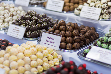 Marсipan store in Budapest. A counter with delicious sweets. Sweet gifts for loved ones