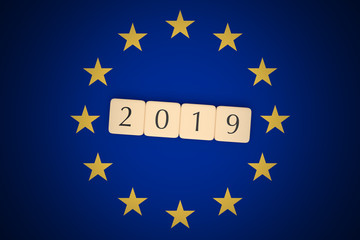 European Union Politics News Concept: Letter Tiles 2019 With EU Flag, 3d illustration