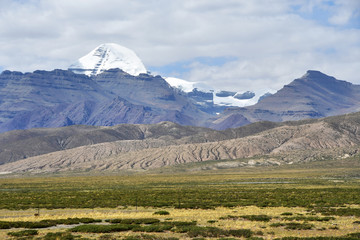 China, Tibet. South face of mount Kailash (Kailas) in the summer in cloudy day from the side of plateau of Bark