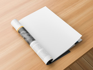 Realistic magazine or catalog mock up on wooden table. Blank magazine page for mockups. 3D...