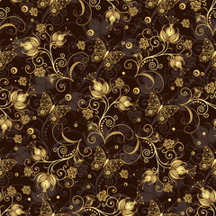 Seamless pattern with golden flowers and lace butterflies