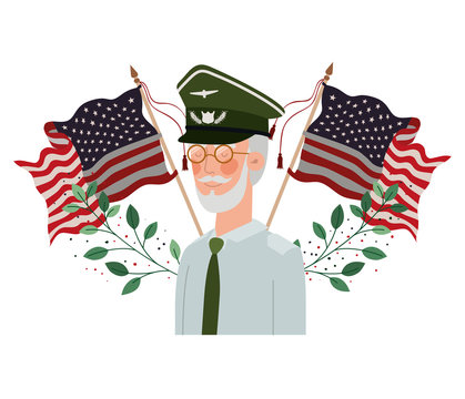 veteran war old man with flag of united states background