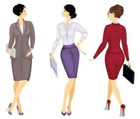 Collection. Business woman holding a folder. Beautiful girl in a strict suit. It is a woman in high heels shoes. Vector illustration set.