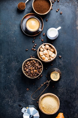 Coffee composition on dark background. Flat lay