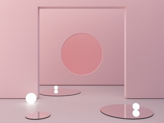 Pink background to show cosmetic products. Minimal empty scene with mirrors in the floor and spherical lights. Circle in background wall. Empty showcase. Geometrical forms. 3d rendering illustration.