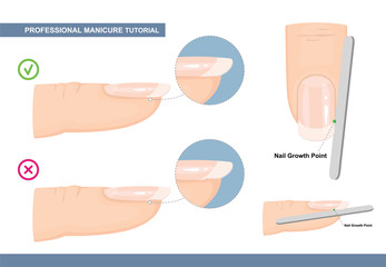 Professional Manicure Tutorial. The Perfect Nail Shape. How to File Nails the Right Way. Manicure Mistakes. Vector illustration - obrazy, fototapety, plakaty