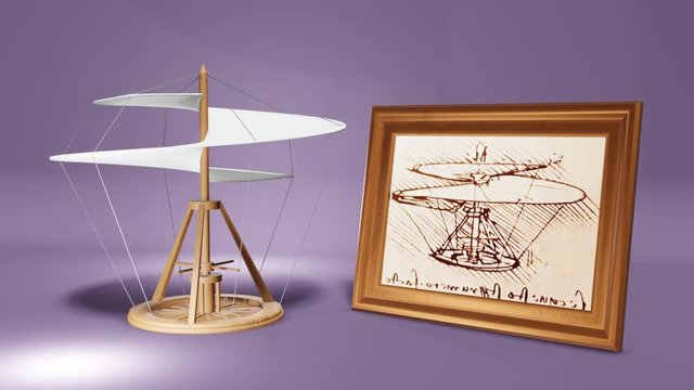 Leonardo Da Vinci Helicopter with the sketch in a picture frame - the 3D model  spinning and the camera is moving 