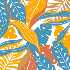 Background with colorful tropical leaves. Vector design. Flat jungle print. Floral background.