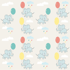 Children's seamless pattern with elephants, clouds and balloons. Vector design.
