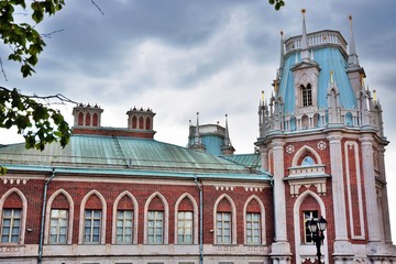 Architecture of Tsaritsyno park in Moscow. Color photo. Grand Palace