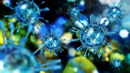 Virus close up against other viruses blurry, 3d rendering