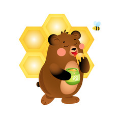 Brown bear eats tasty yellow honey