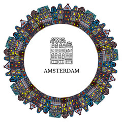 Set Amsterdam old houses cartoon facades. Traditional architecture of Netherlands. Colorful vector illustrations in the Dutch style.