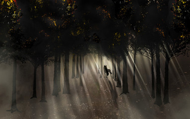 A black shadowy wolf with glowing eyes is seen in a foggy forest in this illustration about evil.