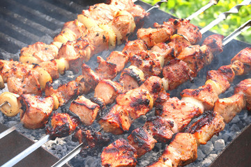 Barbecue skewers with juicy appetizing delicious meat closeup