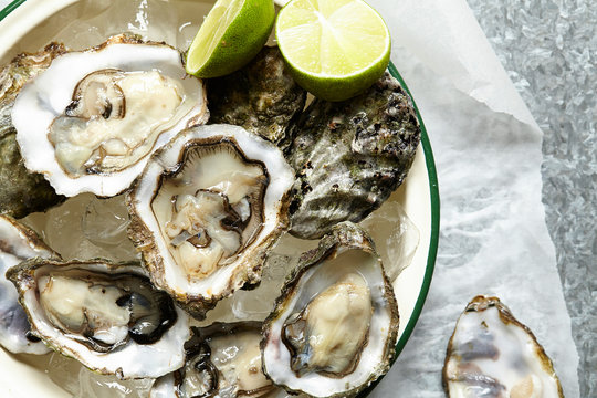Raw Oysters served on ice in round enamel bowl