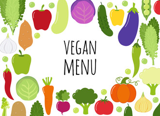 Cute Vegan Menu frame background with various vegetables