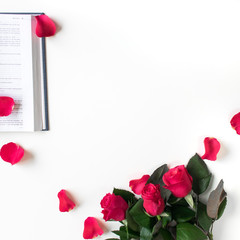 Baselland, Switzerland - 30.04.2019. Red rose, red petals and a Bible on a white table. Clean white background. 