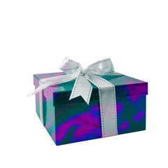 Gift box holography violet, blue, green color with white bow / ribbon isolated on white background.