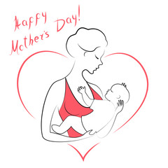 Mothers Day. Silhouette of a girl with a baby in her arms. Young and beautiful woman. Happy motherhood. Frame in the form of heart. Vector illustration
