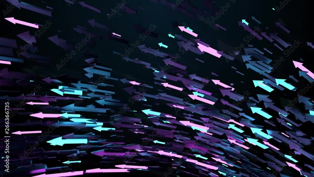 Poster 3d render background with arrows that fly. abstract particles massive flow. some arrows are glowing.