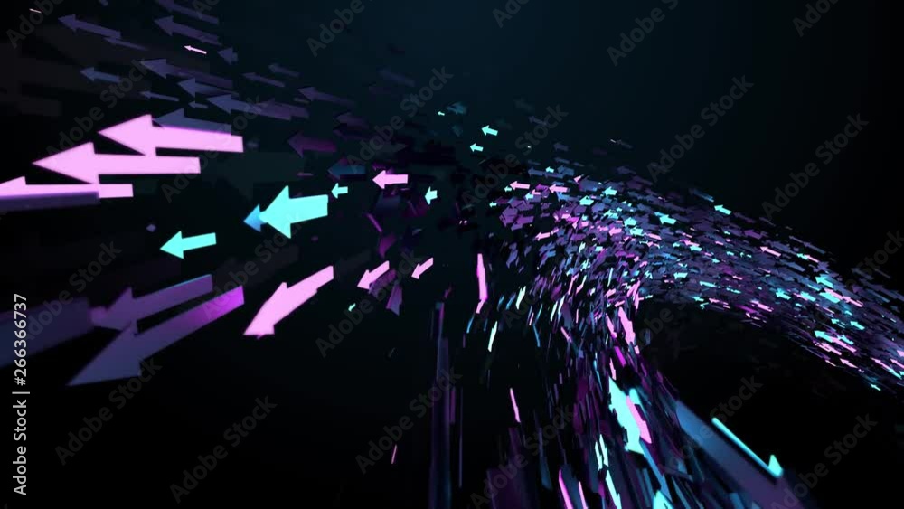 Poster 3d render background with arrows that fly. abstract particles massive flow. some arrows are glowing.