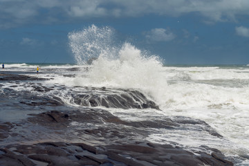 Stormy Waves Splash,  Dramatic Ocean, Dramatic Sky, Muriwai Cliffs, New Zealand