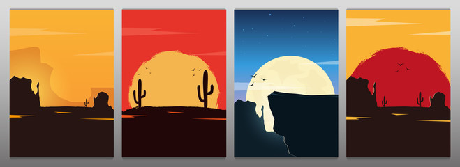 Set of Wild West landscapes with mountains and cactus. Sunset at the Texas. Vector illustration. - obrazy, fototapety, plakaty