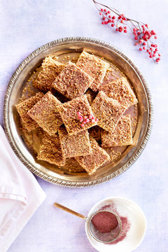 Shortbread Crumb Bars sprinkled with powered rose petals