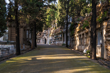 Perspective view of the curved footpath with graves and crypts on the Montjuic Cemetery in sunny day, Barcelona, Catalonia, Spain