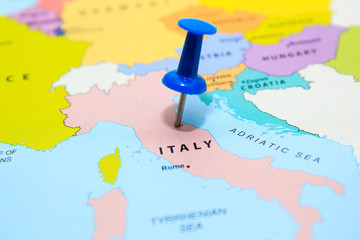 Push pin pointing a Roma, Italy, a member of EU