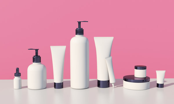 3d render mockup of cosmetic bundle for skin hair care. White plastic bottles and tubes with black caps in row on bright millenial pink backdrop. Branding identity template.