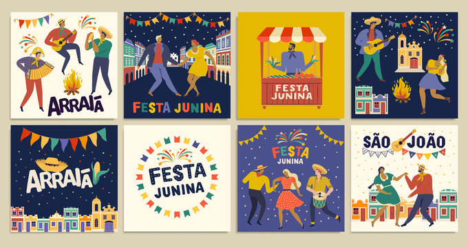 Brazilian Traditional Celebration Festa Junina. Portuguese Brazilian Text saying Friends Village. Festa de Sao Joao. Arraia Portuguese Brazilian Text saying Fair. Festive Typographic.