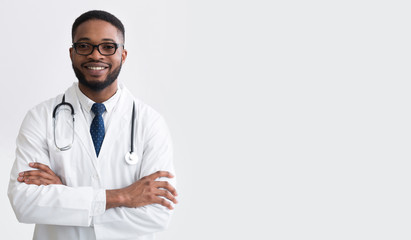 Happy Doctor In White Uniform Against Light Background - Powered by Adobe