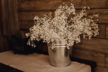 Dry Flower Metal Bucket Vase Decor on Wooden Shelf