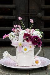 Obraz na płótnie Canvas Blumenstrauß aus Frühlingsblumen in Pink und Weiß in Deko-Gießkanne