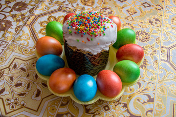 Easter cake surrounded by eggs